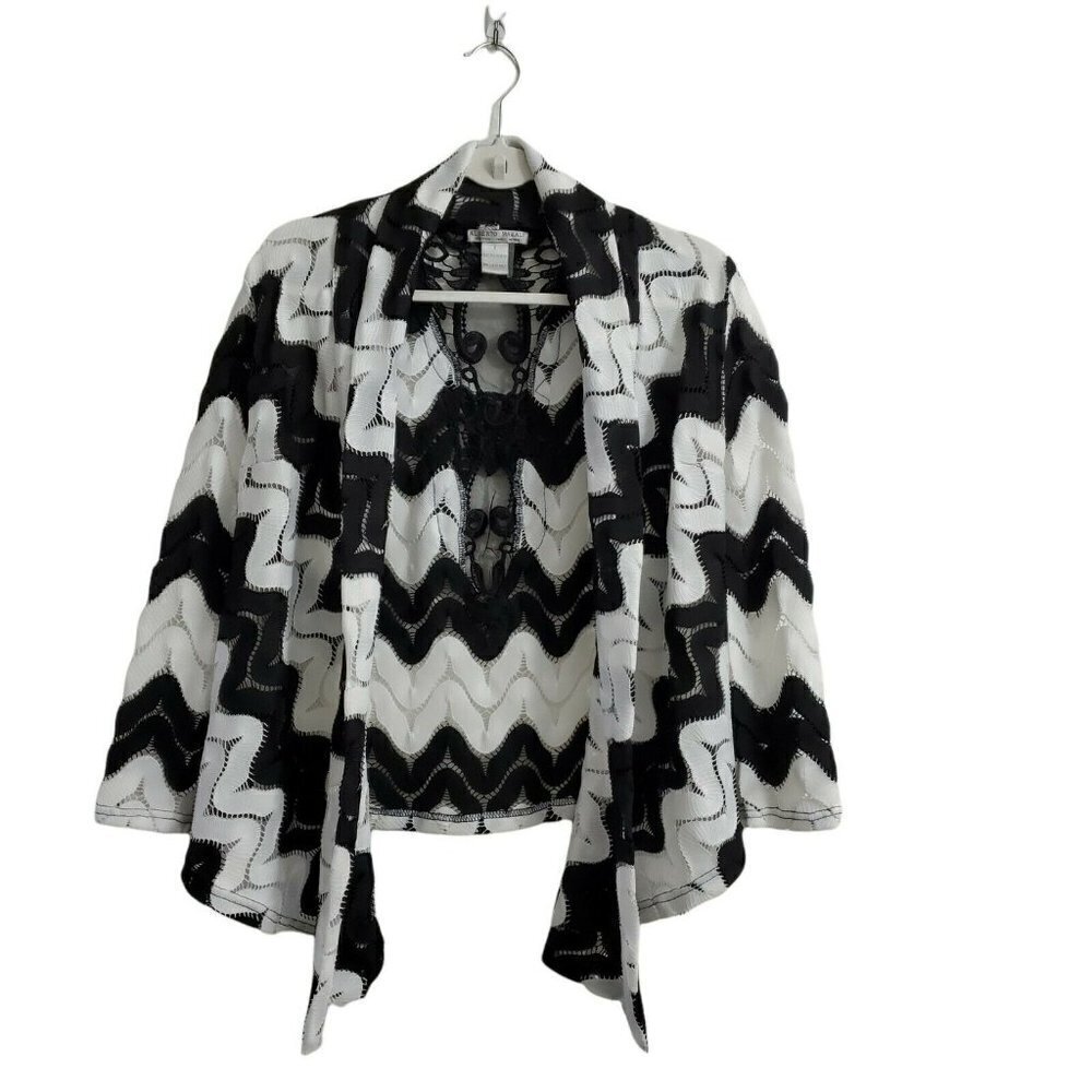 Alberto Makali Cardigan Womwns Small White Black Lace Open Front 3/4 Sleeve